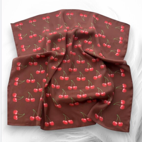 Brown Scarf with Red Cherry Print – Elegant  Neck Scarf - Picture 2 of 3
